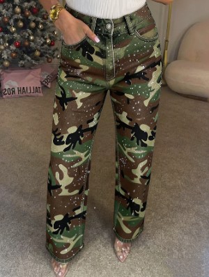Rhinestones Camo Straight Cargo Pants