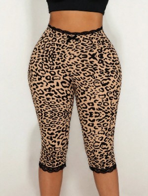 Lace Detail Leopard Bodycon Capri Pants