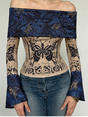 Butterfly Pattern Off Shoulder T-shirts