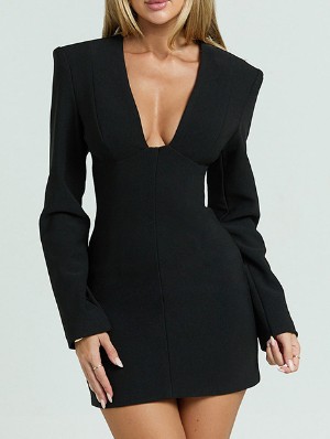 U Neck Long Sleeve Blazers Mini Dress