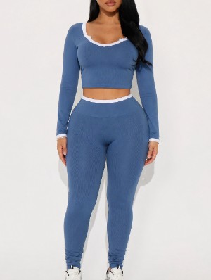 Colorblock Rib U Neck Cropped Pant Sets