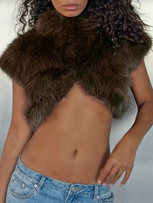 Fluff Stand Collar Bare Waist Fake Fur Tops
