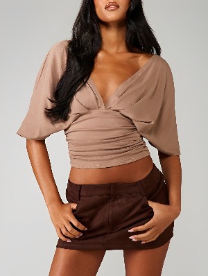 French Deep V Batwing Cropped Ruched Top
