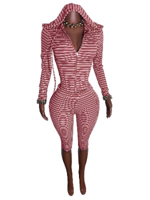 Striped Zipper Hooded Capri Pants Sets