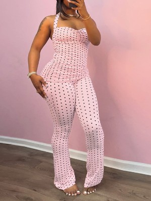 Polka Dots Halter Backless Flared Pant Sets