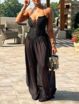 Halter Lace-Up Sheer Backless Maxi Dress