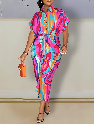 Colorful Print Short Sleeve Maxi Shir Dress