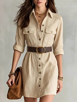 Elegant Belted Mini Long Sleeve Shirt Dress 