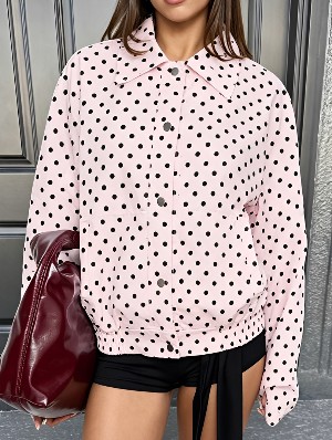 Chic Polka Dot Notched Collar Long Sleeve Coat