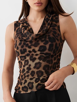 Leopard Print Sleeveless Draped Neck Tank Top