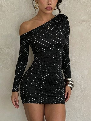 Polka Dots Inclined Shoulder Sheath Dress