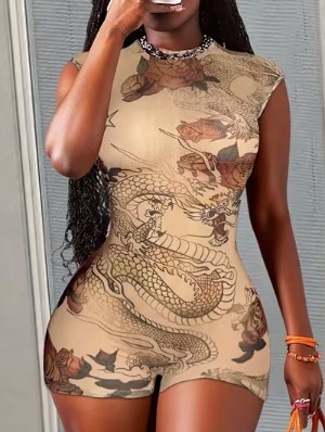 Dragon Floral Gauze Backless Sheer Rompers
