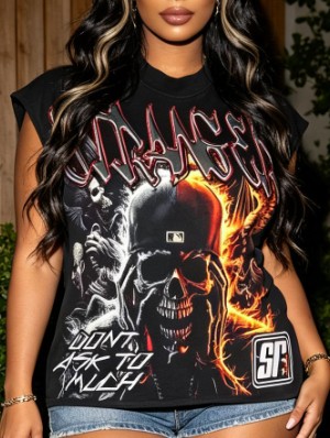 Vintage Flame Skull Printed Rivet Tanks