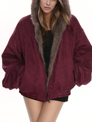 Furry Gradient Faux Suede Hooded Reversible Coat