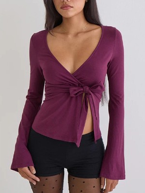 Tie-wrap Split Hem V Neck T-shirts