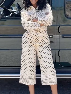 Polka Dots Shirt Wide Leg Capri Pants Sets