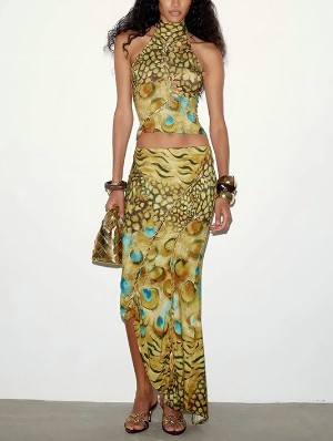 Burn-Out Leopard Asymmetrical Skirt Sets