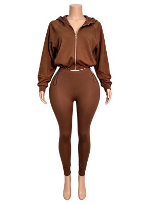 Drawstring Cropped Zipper Hooded Pant Sets