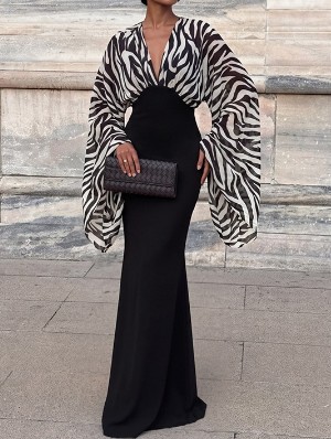 Zebra Deep V Neck Trumpet Sleeve Maxi Dress
