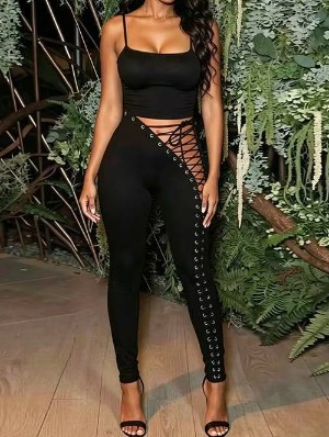 Cropped Tank Eyelets Tie-wrap Pant Sets