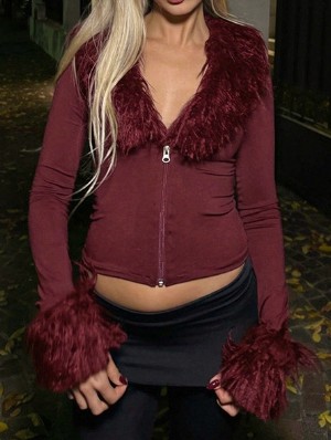 Fur Trim V Neck Lapel Zip-Up Fitted Tops