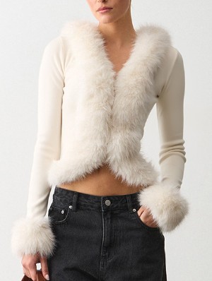 Fur Trim Long Sleeve Cardigan Tops