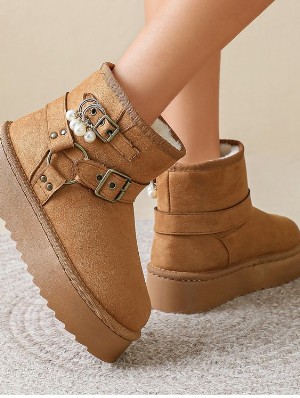 Double Buckle Suede Platform Snow Boots With Pearl