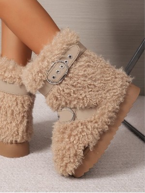 Double Buckle Fluffy Fleece Ankle Boots