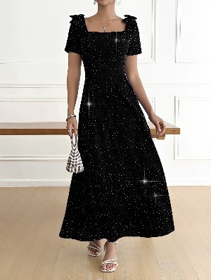 Elegant Bow Sparkle Short Sleeve Maxi Dress