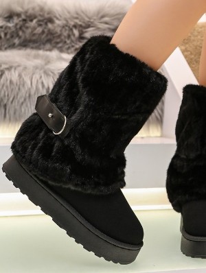 Faux Fur Slouchy Buckle Strap Platform Snow Boots