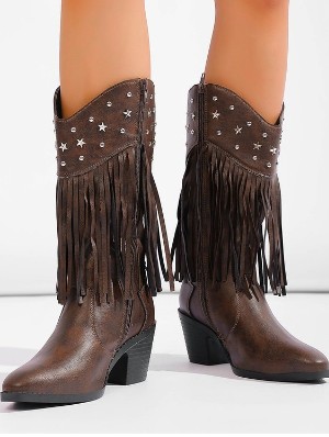 Vintage Brown Leather Fringe Tassel Western Boots