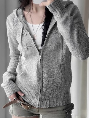 Fall Winter Lazy Style Hooded Knit Zipper Cardigan