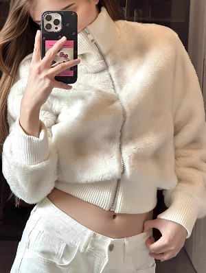 High Neck Outerwear Faux Fur Zip Zipper Coat 