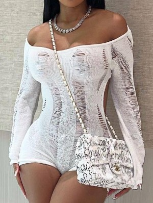 Ripped Sheer Off Shoulder Knitted Rompers