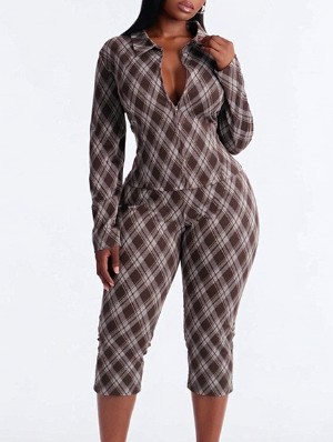 Rhombic Plaid Zipper Shirt Capri Pants Sets