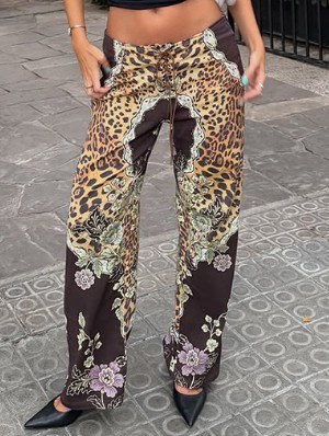 Leopard Floral Printed Tie-wrap Straight Pants