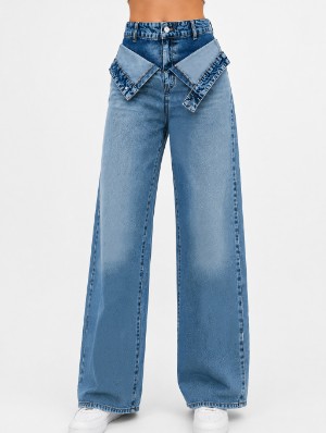 Distressed Denim Foldover Wide Leg Jeans