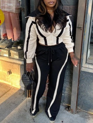 Striped Trim Zipper Lapel Jackets Pant Sets