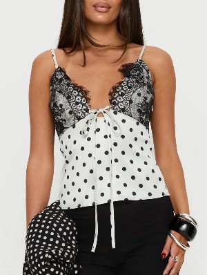 Chic Lace V Neck Polka Dot Satin Top