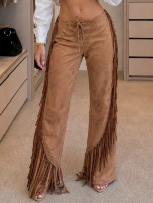 Fringe Suede Tie-wrap Flare Leg Pants