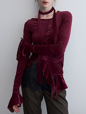  Velvet Asymmetric Long Sleeve Ruffle Trim Top