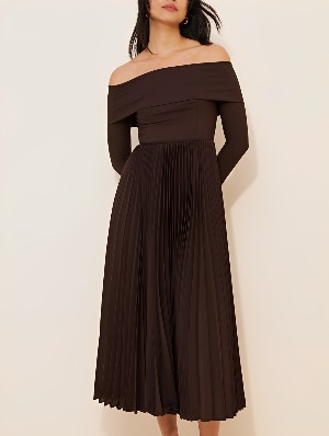 Off Shoulder Pleated Long Sleeve Midi Dress
