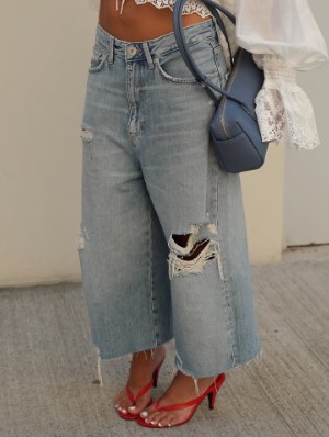Washed Ripped Denim Wide Leg Jeans