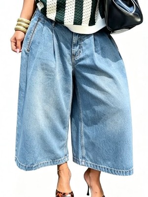 Washed Denim Wide Leg Capri Jeans