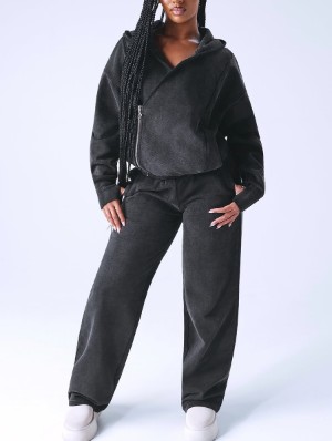 Vintage Asymmetrical Zipper Hooded Pant Sets