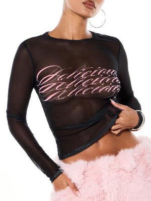 Letter Graffiti Sheer Long Sleeve Tops