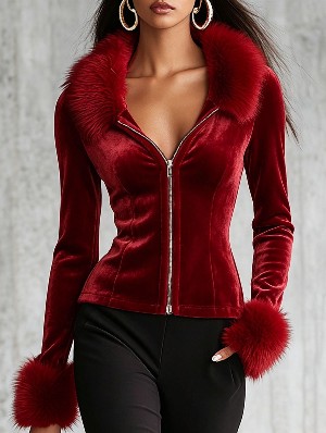 Chic Velvet Fur Trim Zip Cinched Waist Coat