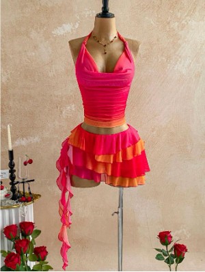 Gradient Halter Ribbons Layered Skirt Sets