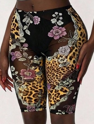 Floral Leopard Gauze Sheer Bodycon Shorts