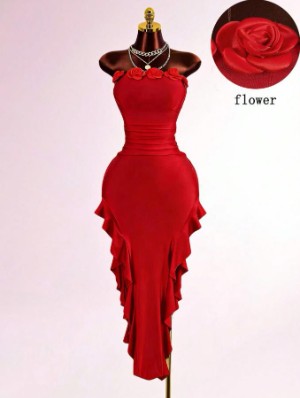 Flower Decor Strapless Ruffle Maxi Dress